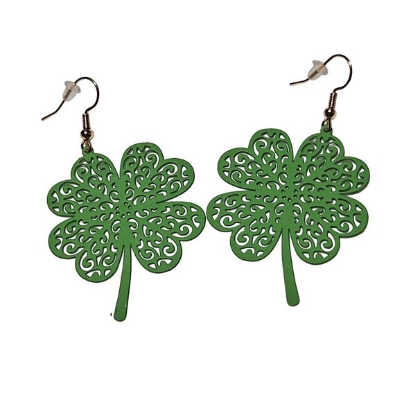 Four Leaf Clover Dangle Earrings Green Filigree Lucky St Patricks Day Jewelry - Picture 1 of 4